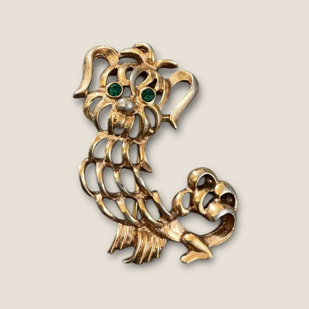 Vintage Avon Gold Dog Brooch With Green Crystal Eyes